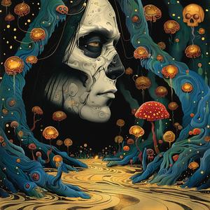 skeleton  mushrooms  surrealism  illustration  vintage  pointillism  jackkirby  artnouveau  gold  teal 1076416