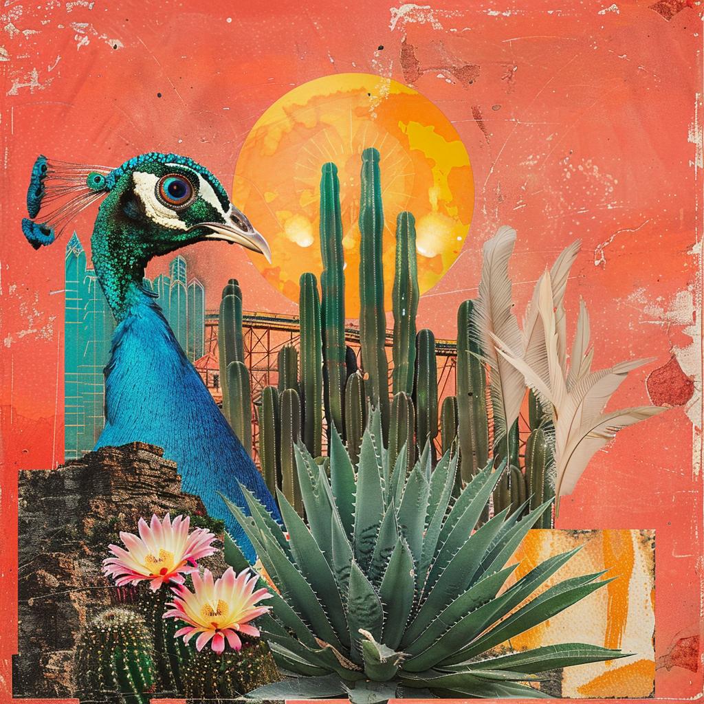 collage  peacock  feathers  rollercoaster  cactus  desert  art  minimal  vibrant  colorful 950336