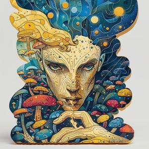 رسم كاريكاتوري عتيق، سريالية، امرأة فطر، تنقيط، فن حديث، ذهبي، أزرق مخضر، 1076421