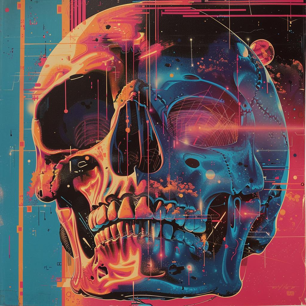 painting  skull  Nychos  synthwave  trippy  geometric  1980s  colorful  background  art 960748