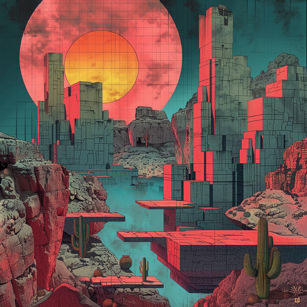 landscape  cactus  Nychos  desert  painting  electro  synthwave  trippy  geometric  art 960671