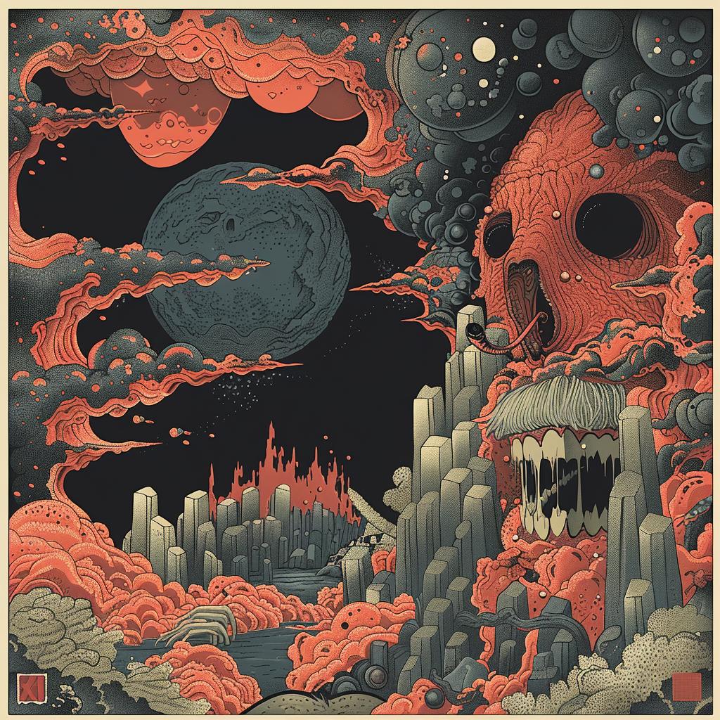 surreal  album  cover  deathmetal  monster  hyper-realistic  screenprinting  axonometric  Toshio  Saeki 961718
