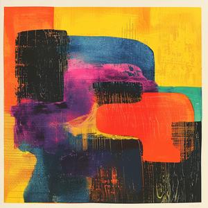surreal  blockprint  abstract  orange  yellow  blue  colorful  artwork  composition  GuyAroch 1062635