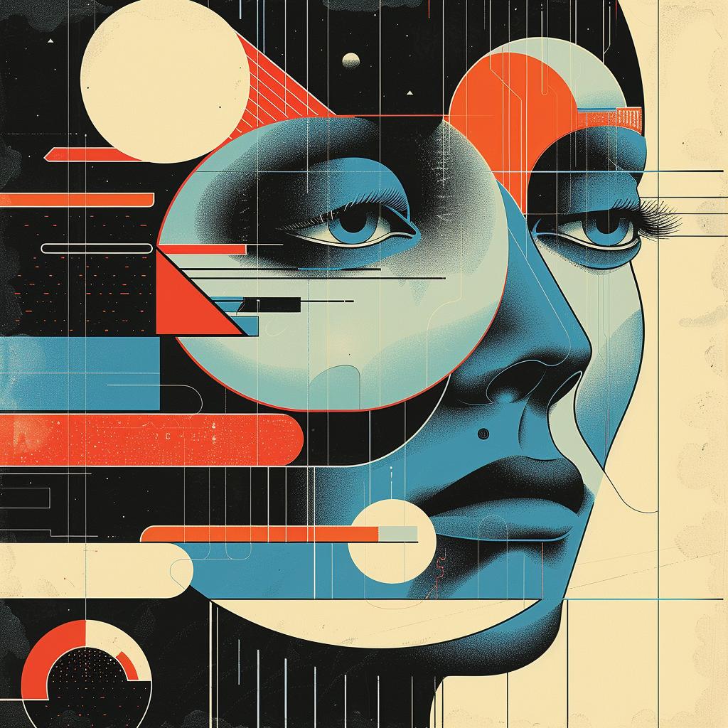 album  hyper-detailed  illustration  silkscreen  geometric  retro  futuristic  poster  woman  face 966321