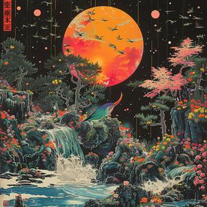 oriental  waterfall  birds  painting  Tsukioka  Yoshitoshi  Tim  Biskup  Risograph  Symbolist 1078477