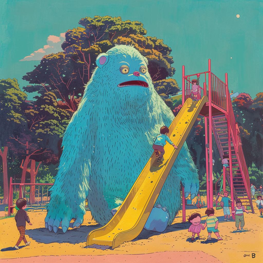 painting  creature  playground  children  monster  midcenturymodern  colorful  furry  humor  art 964094