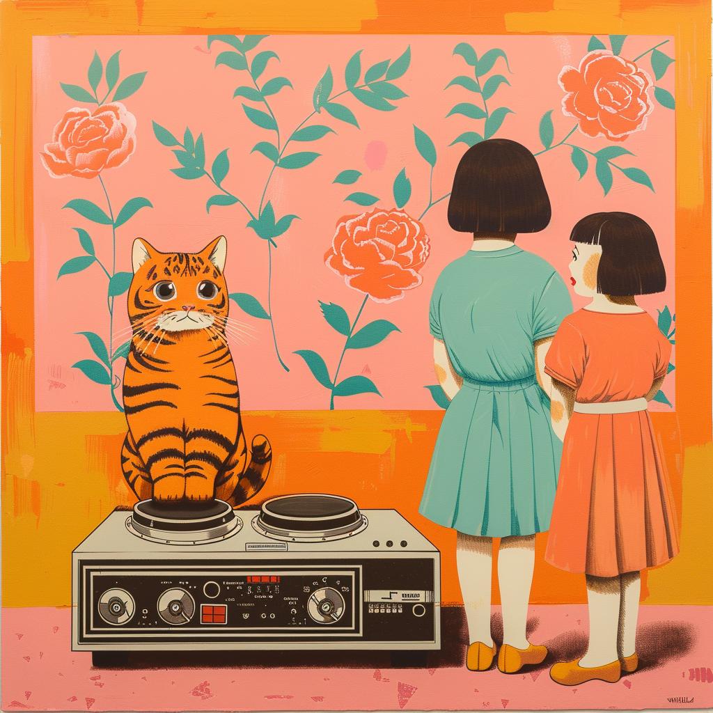 girls  cat  turntable  painting  colorful  playful  creative  humorous  art  whimsical 966488