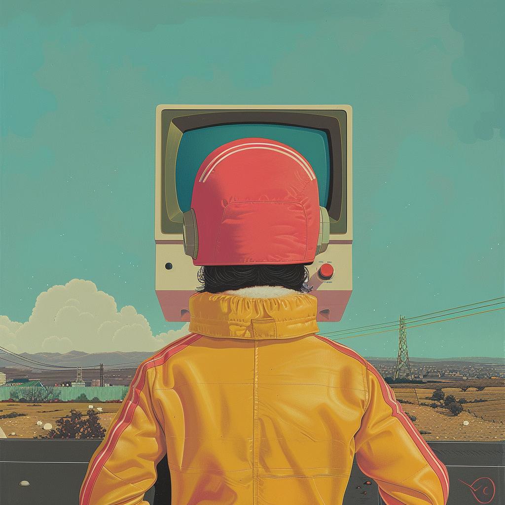 surreal  album  cover  computer  painting  person  yellow  jacket  red  hat 1017232