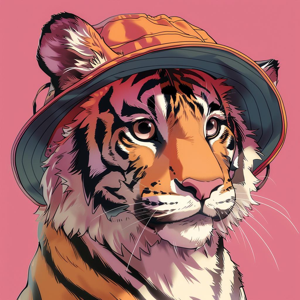 tiger  kawaii  cartoon  hat  pink  background  2D  style  character  digital 971256