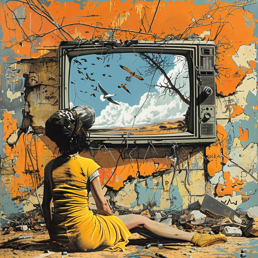 surreal  album  cover  Banksy  screenprinting  woman  television  creative  hyper-realistic  sitting 960382