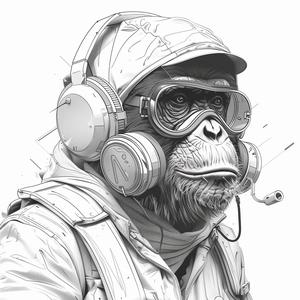 رسم قناع غاز شمبانزي، خطوط سوداء وبيضاء، متجه، تصميم قوي، سماعات رأس، 1070709