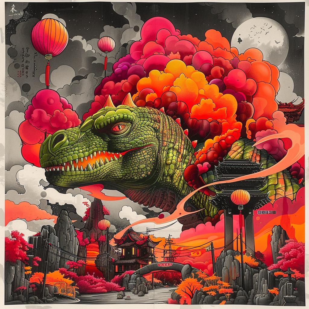 Godzilla  dragon  poster  Japanese  lettering  red  green  background  illustration  film 1036389