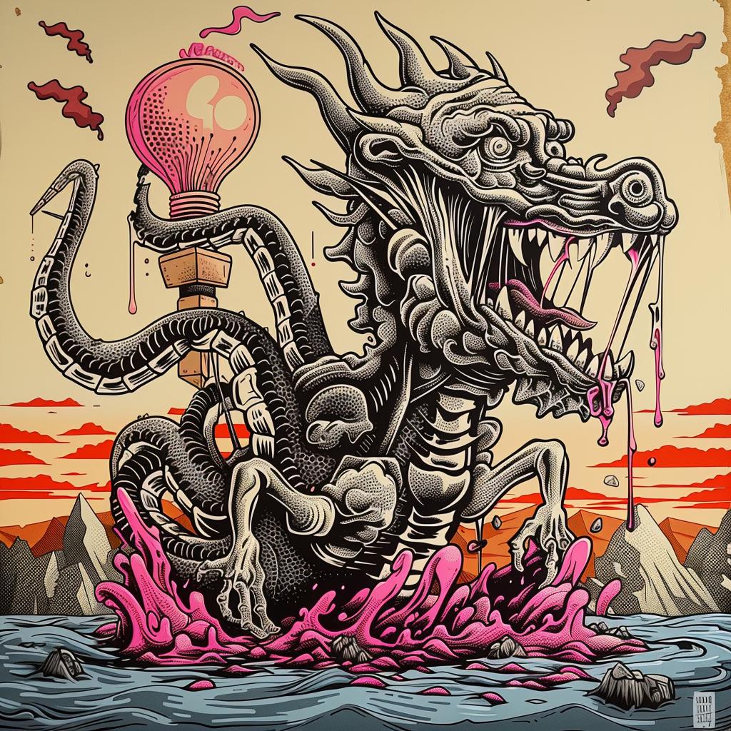dragon  lightbulb  poster  Japanese  lettering  fantasy  art  design  mythical  illustration 948348