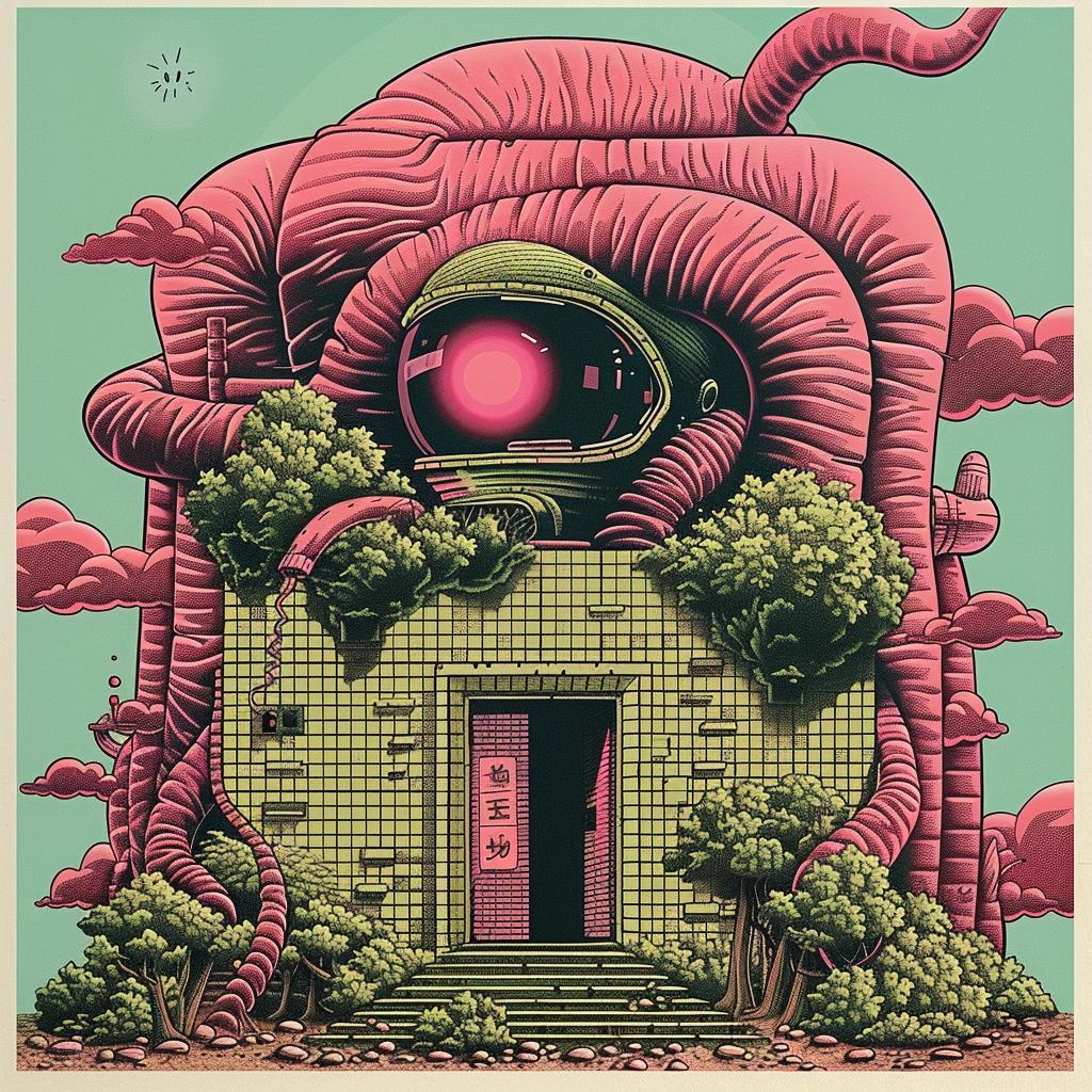 poster  alien  house  japanese  lettering  illustration  graphic  surreal  colorful  character 946411