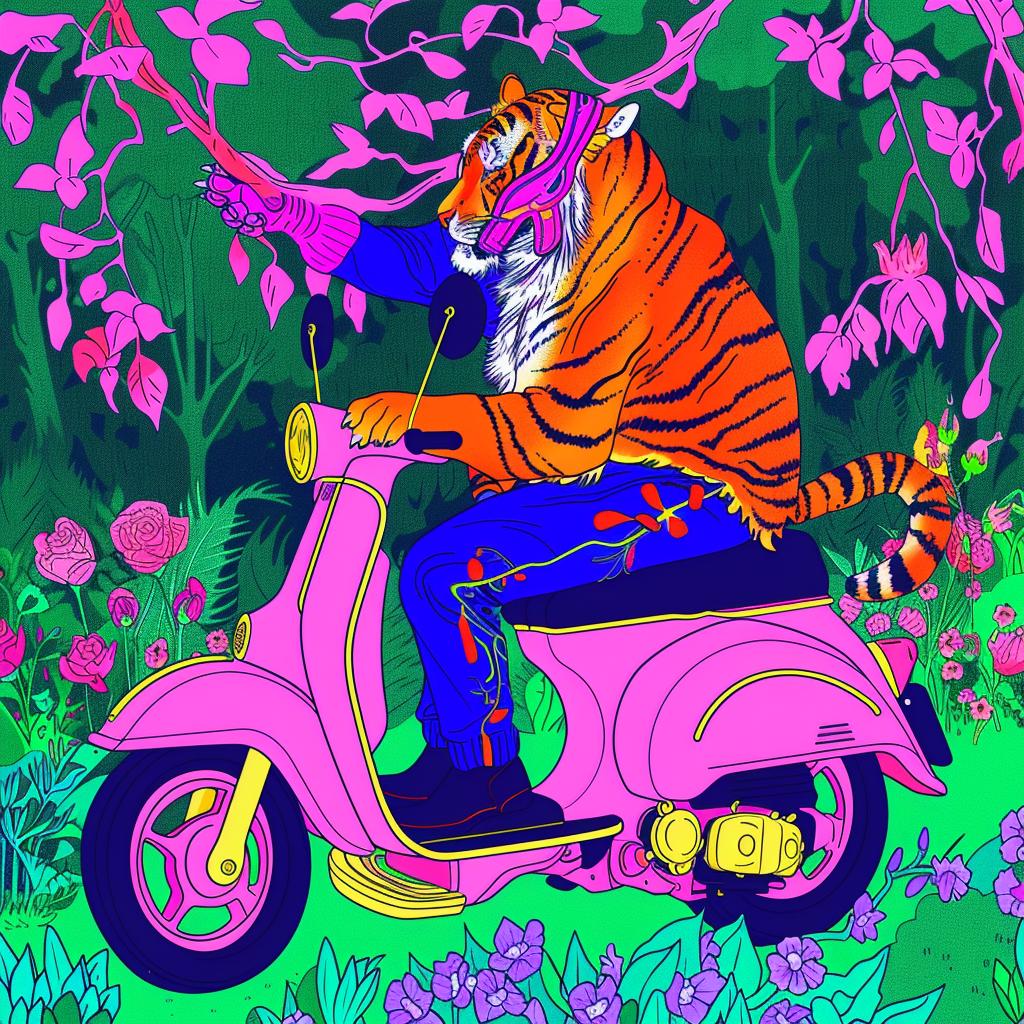 tiger  moped  flowers  pink  background  adventure  playful  cartoon  animal  illustration 1021851