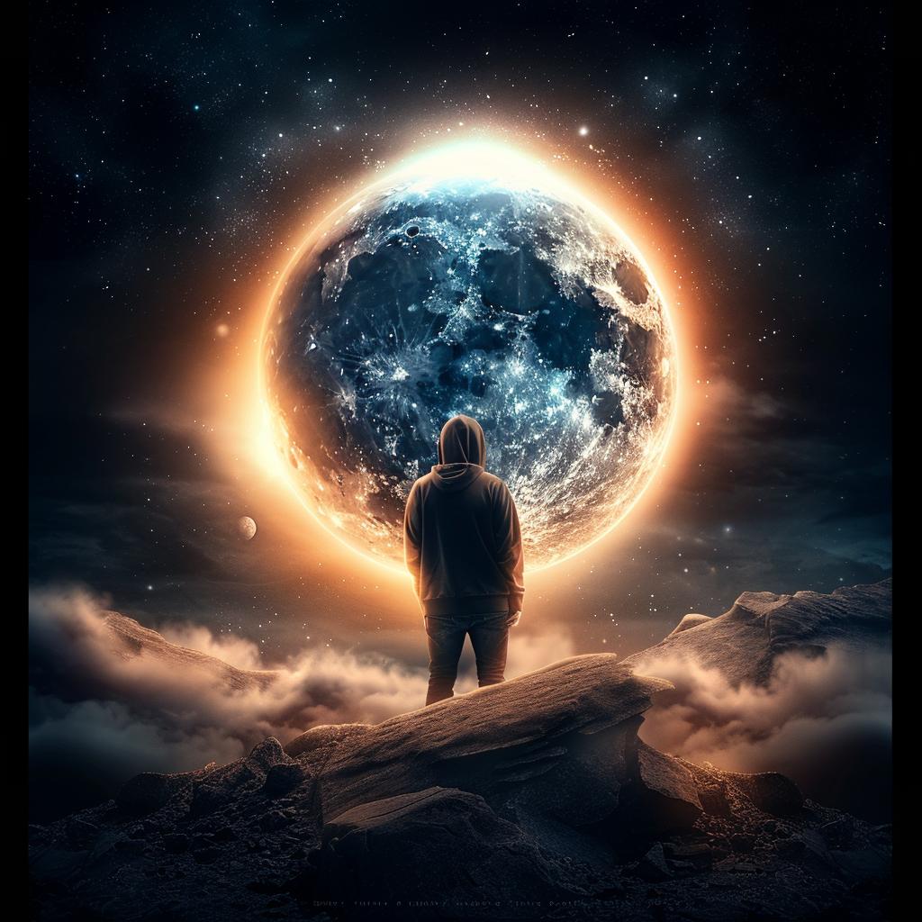 man  mountain  moon  silhouette  cosmic  serene  landscape  artistic  dramatic  inspiring 1034262