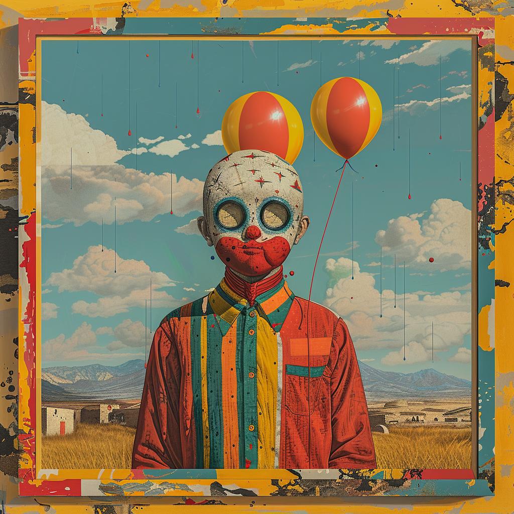 surreal  album  cover  hyper-realistic  screenprinting  Seth  Globepainter  man  balloons  whimsy 960355