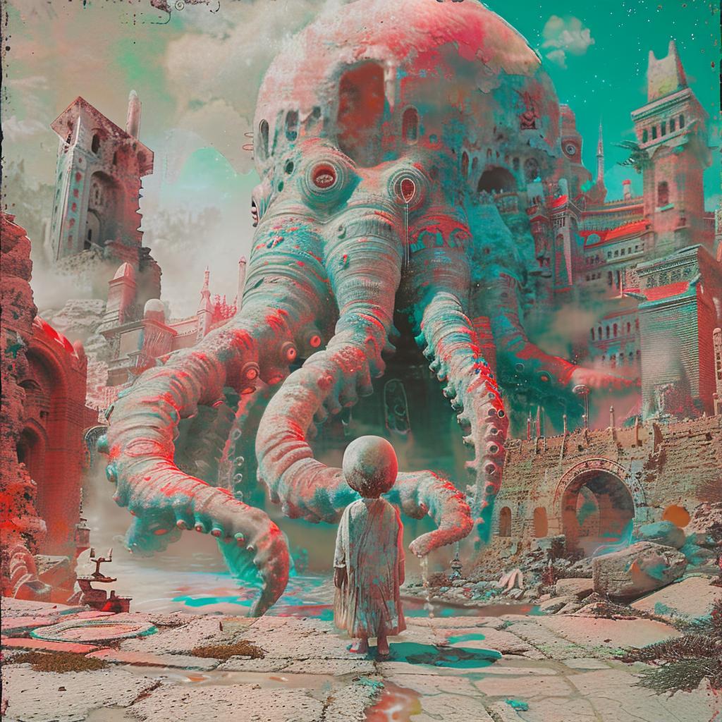 surreal  album  cover  octopus  castle  background  vibrant  colorful  artwork  fantasy 974384