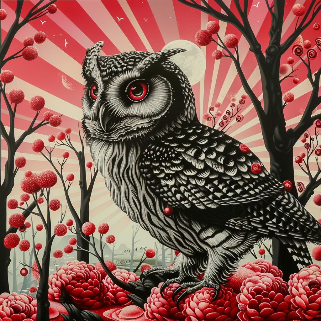 owl  flowers  red  black  branch  minimal  symmetrical  design  pattern  contemporary 941431
