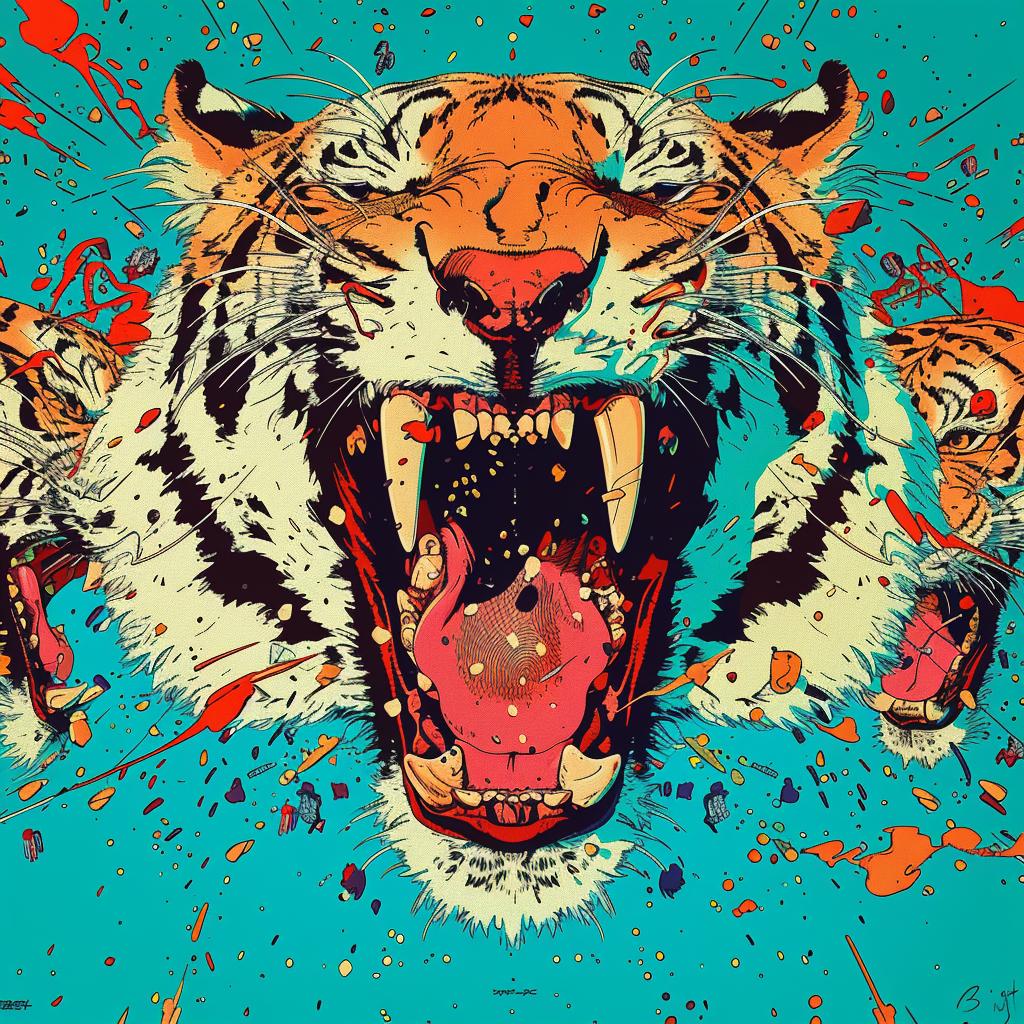 tiger  snarling  expression  multiple  poses  blue  background  splatters  wildlife  art 1025338