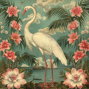 crane  flowers  palm  trees  painting  chromolithography  nature  colorful  artwork  illustration 1048938