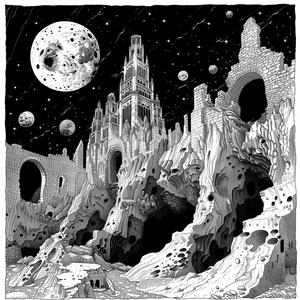 castle  moon  black  white  drawing  volumetric  lighting  cliffs  art  fantasy 1038955
