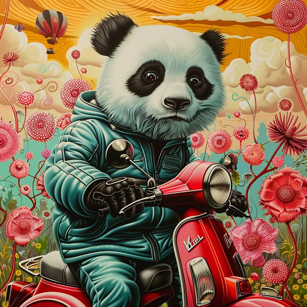 panda  moped  whimsical  cartoon  animal  transport  funny  colorful  playful  illustration 1028357