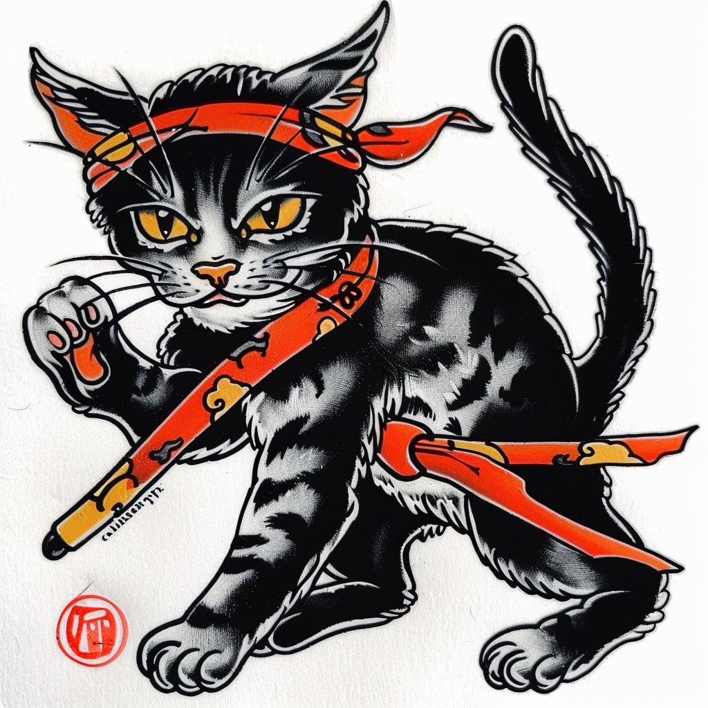 tattoo  cat  ninja  anthropomorphic  bold  garden  samurai  detailed  white  design 928026