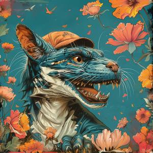 chromolithography  blue  cat  flowers  background  vibrant  colorful  nature  artwork  whimsical 1051264