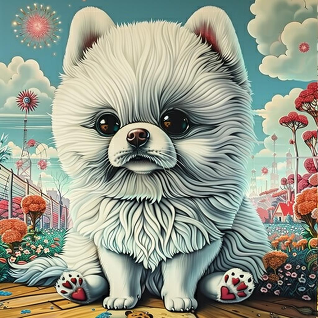 pomeranian  dog  kawaii  white  flowers  field  cute  painting  adorable  fluffy 1033857