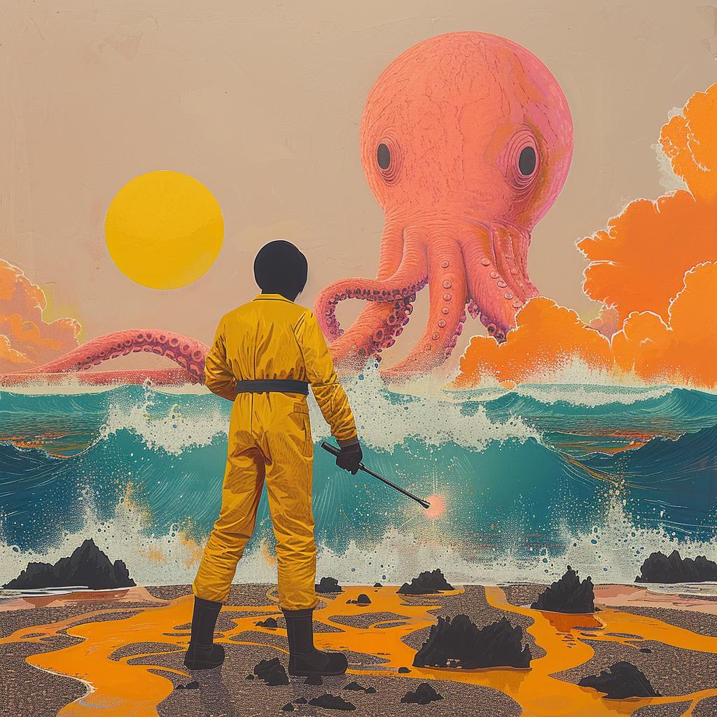 surreal  album  cover  Joan  Cornella  beach  octopus  yellow  suit  creative 1018653