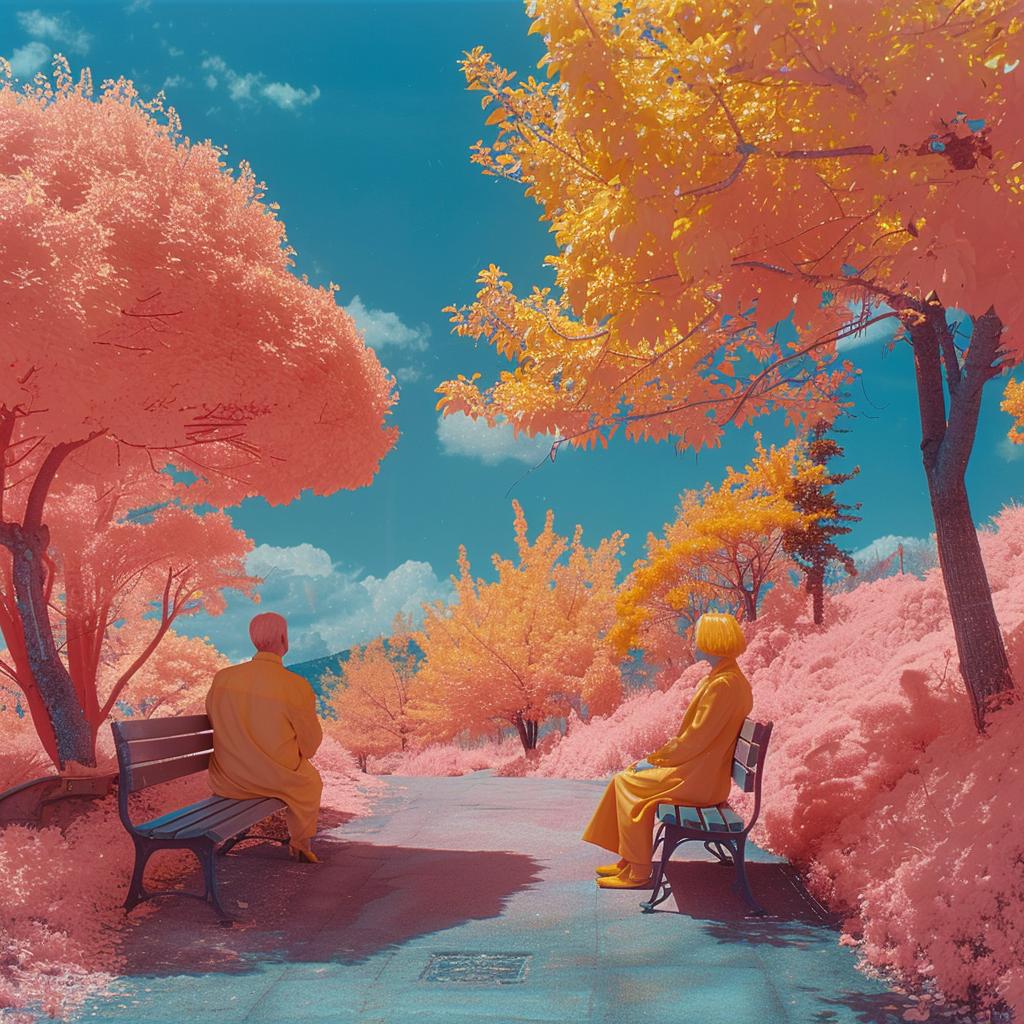 surreal  infrared  album  cover  Joan  Cornella  people  benches  creative  art 1019027