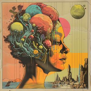 surreal  album  cover  woman  planets  head  hyper-realistic  screenprinting  symbolist  Risograph 1037012