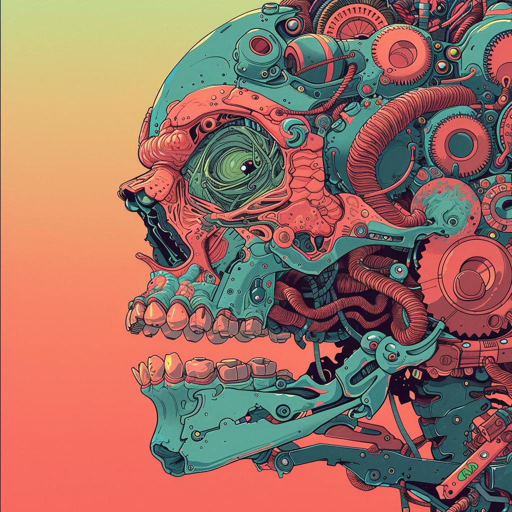 surreal  album  cover  skull  gears  cyborg  Nychos  vibrant  screenprint  minimal 961625