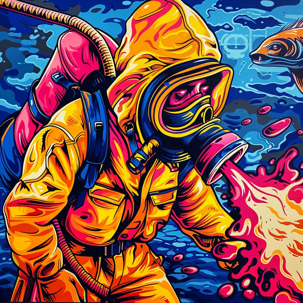 man  hazmat  suit  sea-monster  flamethrower  action  dynamic  dramatic  intense  colorful 944322