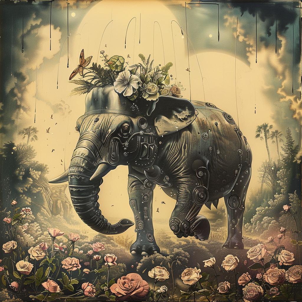 elephant  flowers  field  nature  chromolithography  artprint  whimsical  colorful  joyful  wildlife 1028727