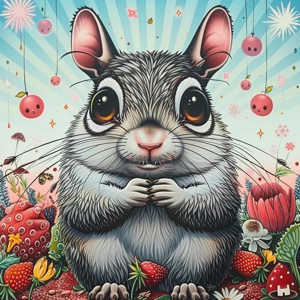 oversized  squirrel  kawaii  white  background  painting  mouse  strawberries  flowers  art 1033163