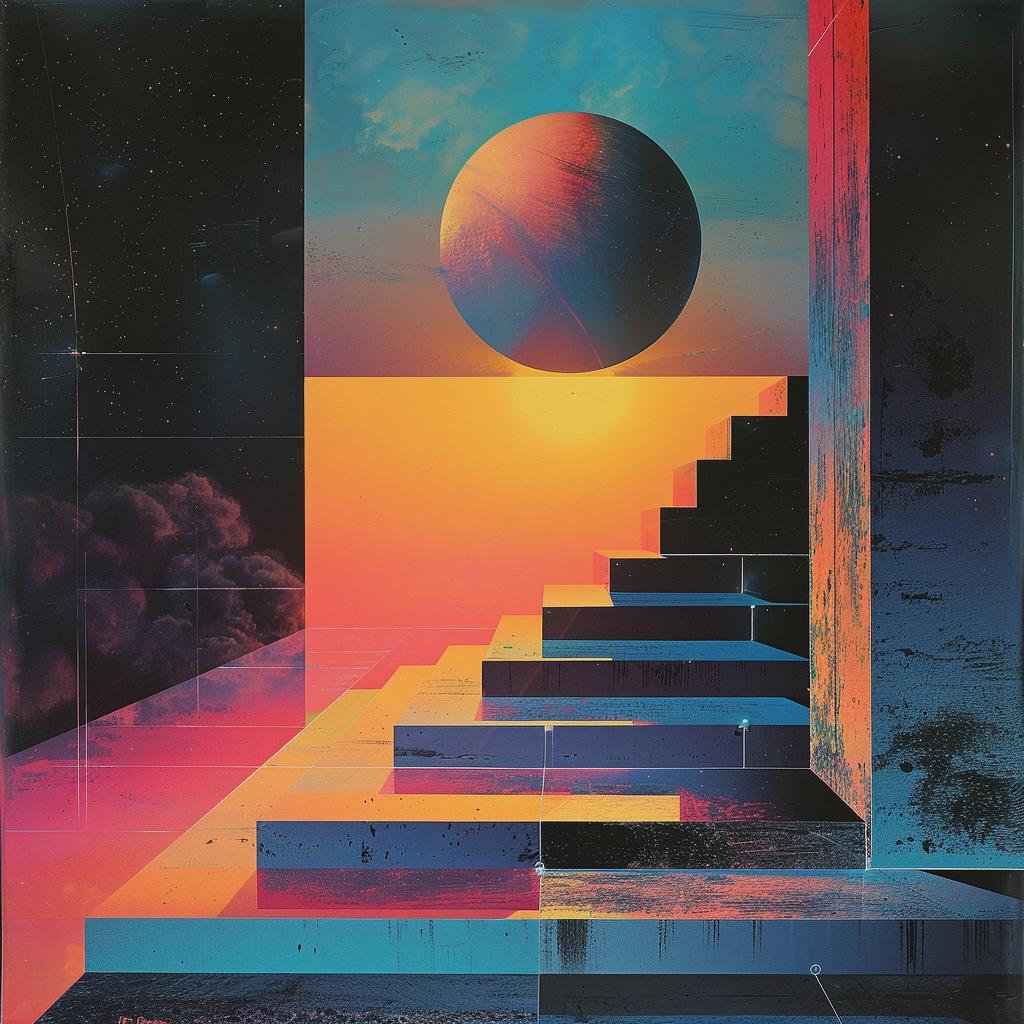 stairs  planet  colorful  1980s  electro  synthwave  trippy  geometric  art  visual 960780