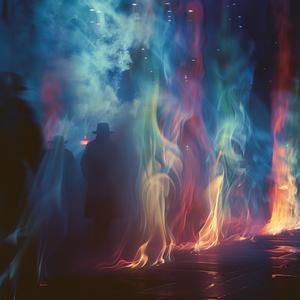 chromolithography  fire  smoke  people  tunnel  colorful  walking  dynamic  vibrant  scene 1054439