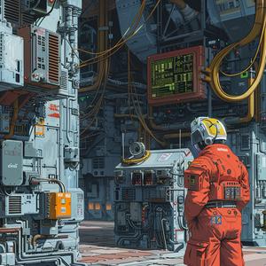 futuristic  Moebius  SimonStalenhag  man  orange  suit  machine  complex  layers  infrastructure 1075253