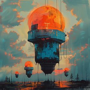 painting  floating  city  lights  sunset  blue  orange  teal  chromolithography  japanese 1040341