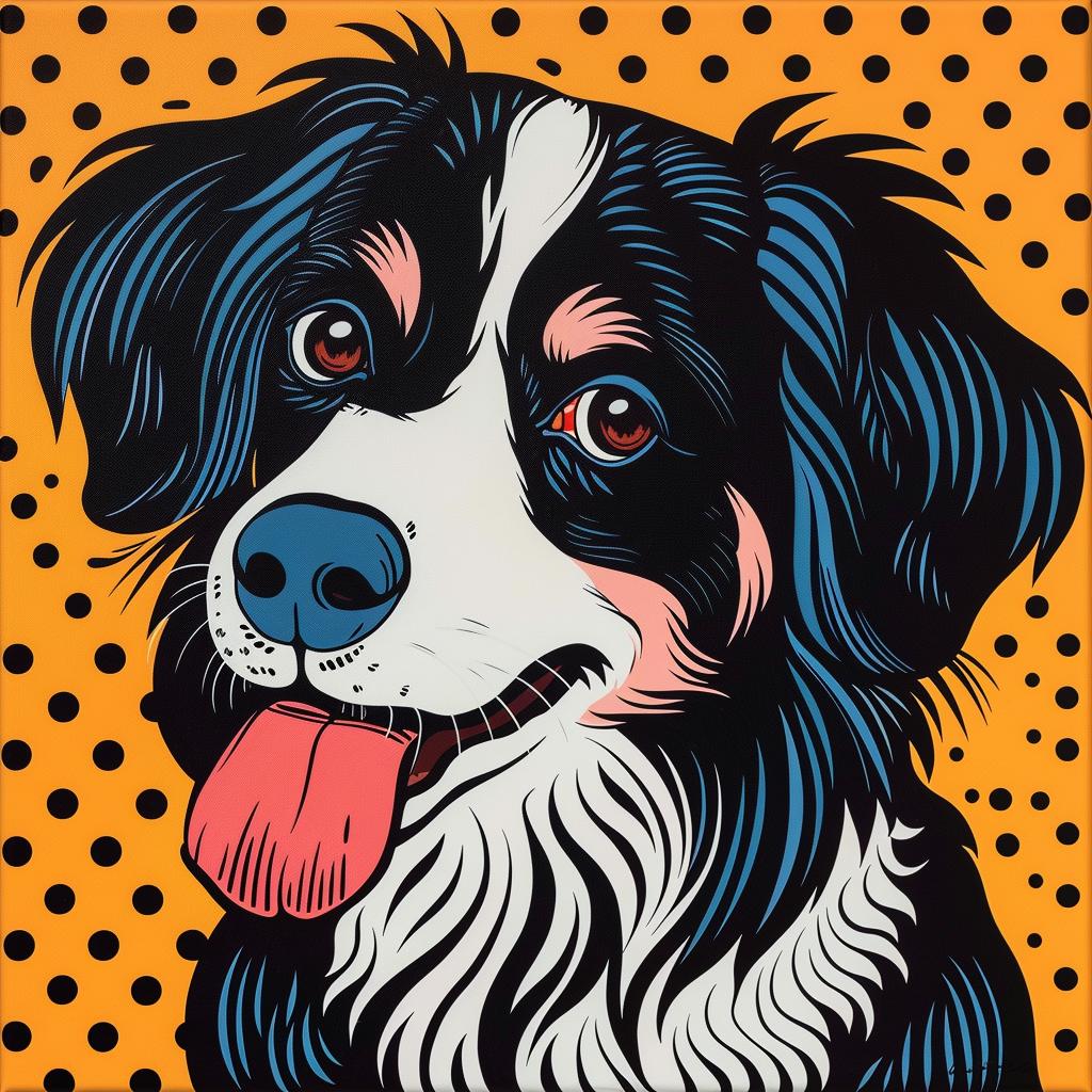 border  collie  dog  blue  tongue  black  white  fur  yellow  background 973737