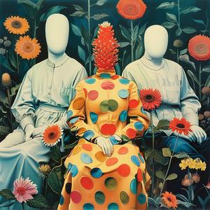 people  colorful  dresses  flower  bed  chromolithography  vibrant  scene  nature  composition 1058585