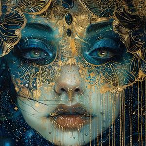 artnouveau  surrealism  pointillism  makeup  gold  blue  dark  occult  deathmetal  teal 1077151