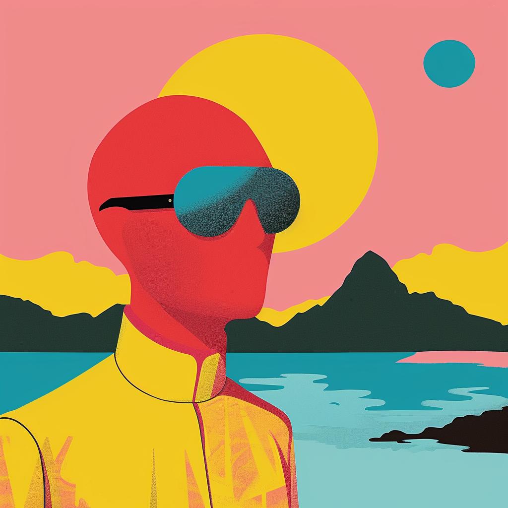 man  sunglasses  yellow  shirt  mountain  Memphis  design  surreal  album  cover 977262