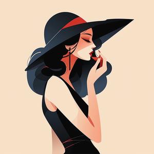 رسم توضيحي بسيط لامرأة أنيقة ذات شعر مجعد وفستان أسود أنيق على الهاتف المحمول 1072550