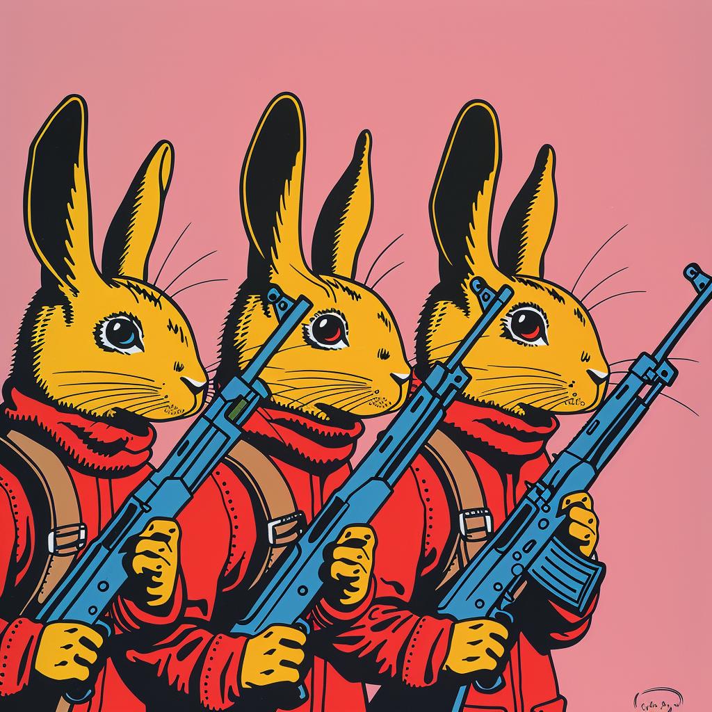 rabbit  soldiers  battle  Moebius  guns  military  uniforms  colorful  art  illustration 923367