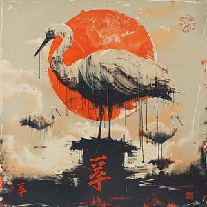 chromolithography  crane  orange  sun  Japanese  art  elegant  nature  traditional  serene 1040457