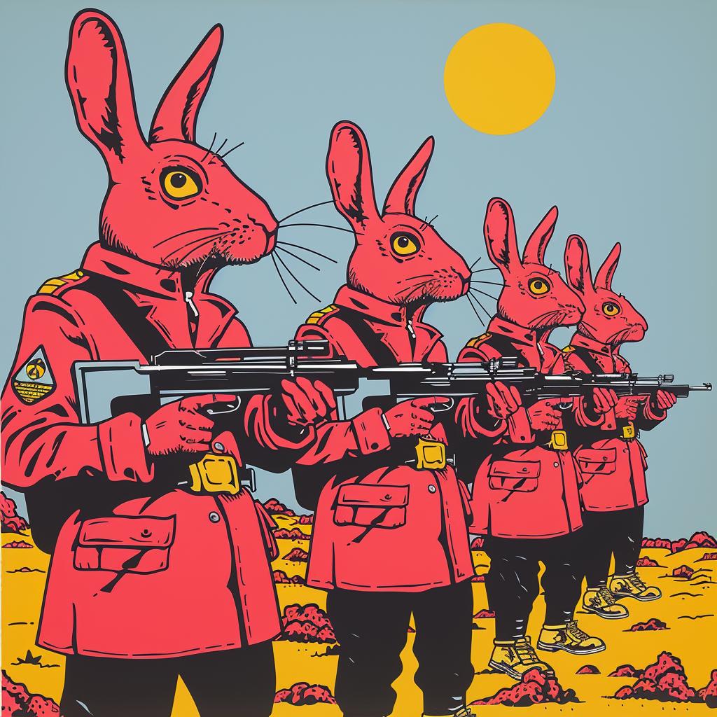poster  rabbits  uniforms  Moebius  art  soldiers  cartoon  colorful  illustration  battle 923363