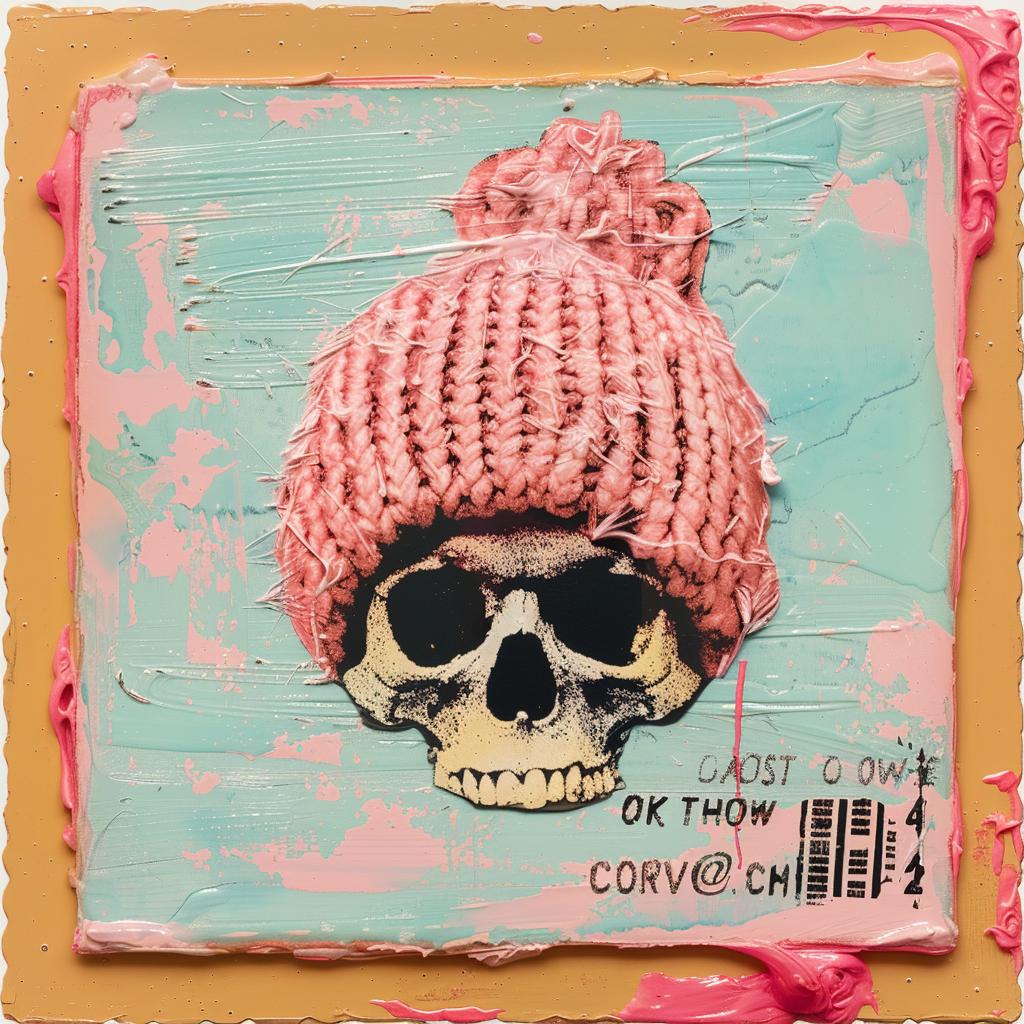 encaustic  impasto  skull  pink  hat  palette-knife  portrait  whimsical  dark  humor 1015735
